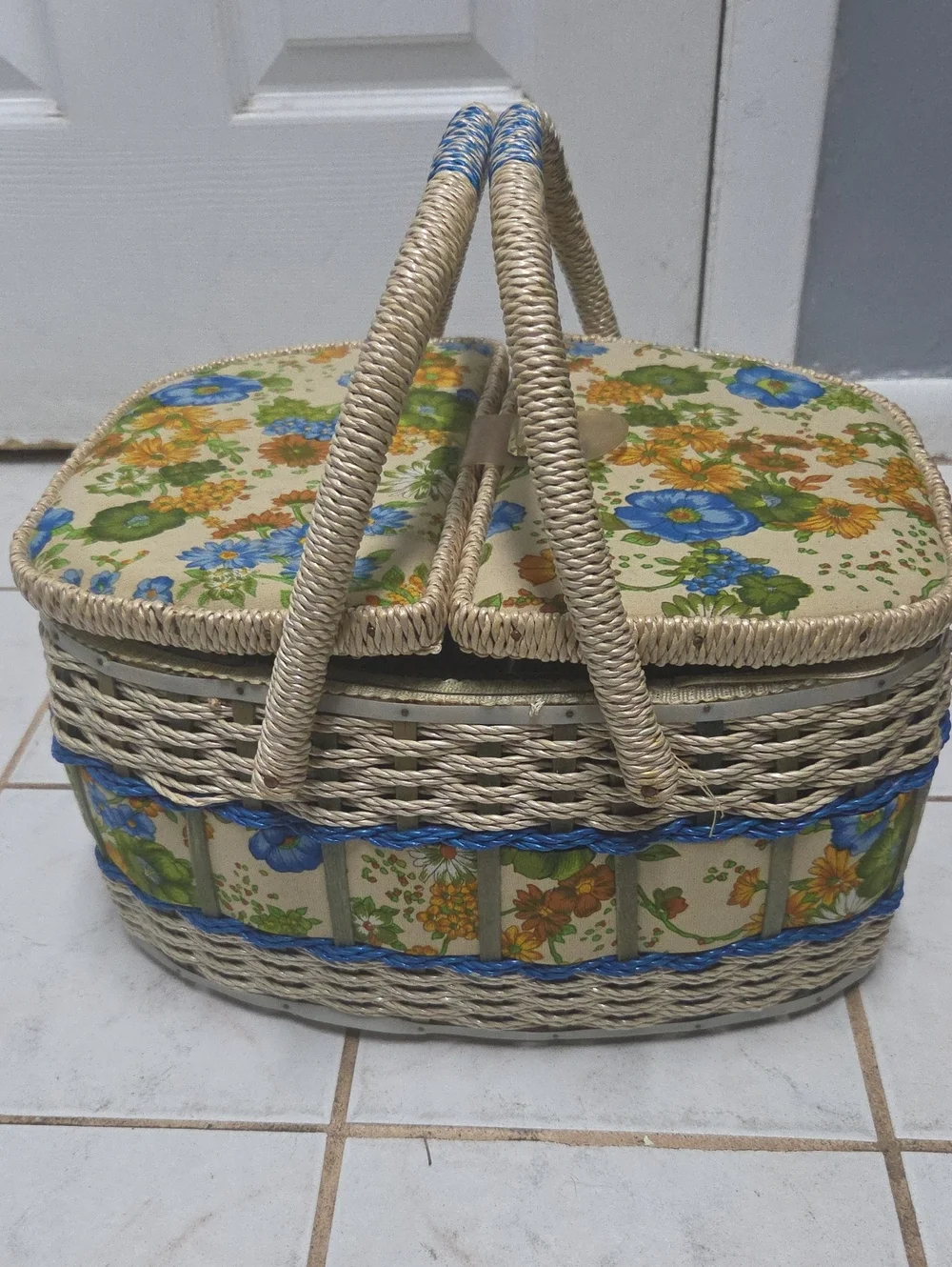 Vintage 1970s Floral Wicker Sewing Basket Double Handle Double Lid Mid Century